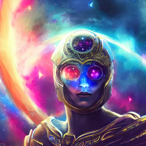 Image similar to photorealistic fantasy cosmic concept art of a cosmic god with armor made out of planets and dark matter, hovering in a unknown galaxy, fully body portrait, cinematic, dynamic lighting, ultra detailed, creative, trending on art station, creative