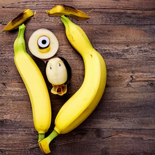 Image similar to professional photograph of banana ducks, peeled bananas with googly eyes and duck beaks