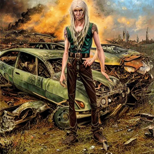 Prompt: a skinny high-fantasy elf with a long narrow face and spiky blonde hair wearing dark brown overalls and holding a bomb next to a destroyed car, painting by Ed Binkley