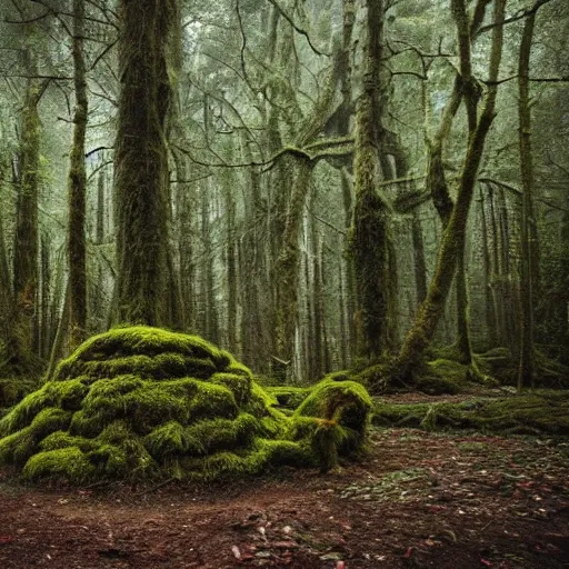 Image similar to A forest full of trees and moss, the scene contains a singular hut with a strange figure standing nearby, Photography, dark, intricate cube, Bleda, Elsa