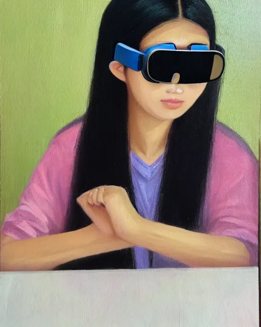 Image similar to a gen z teenage asian girl sitting at a small table, hand combing the hair, wearing vr googles, aged desaturated oil painting by mai trung thu