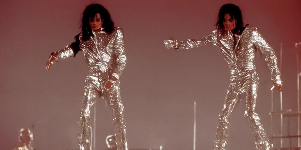 Image similar to Michael Jackson standing alone in a shiny reflective, gold and silver outfit at a concert in the year 1996 ultra realistic, 4K, movie still, UHD, sharp, detailed, cinematic, render, modern