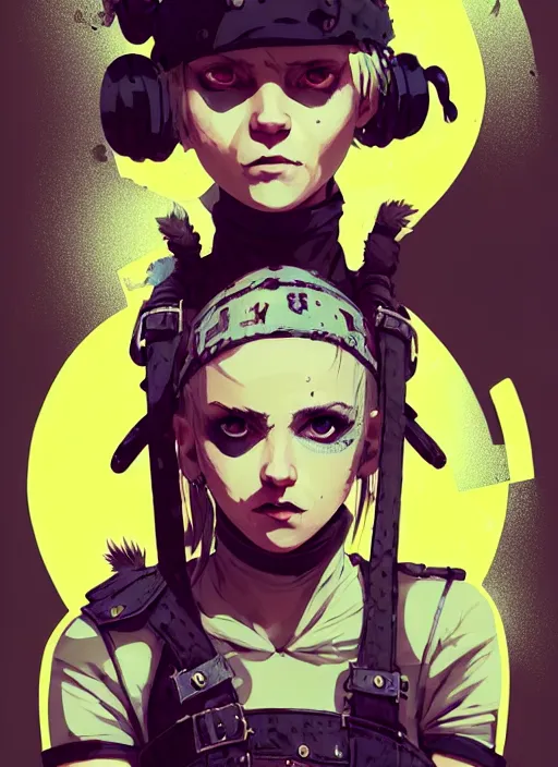 Image similar to highly detailed closeup portrait of a sewer punk pretty swedish female road warrior student, tartan garment, blonde hair pigtails with headband by atey ghailan, by greg rutkowski, by greg tocchini, by james gilleard, by joe fenton, by kaethe butcher, gradient yellow, black, brown and white color scheme, grunge aesthetic!!! white graffiti tag wall background