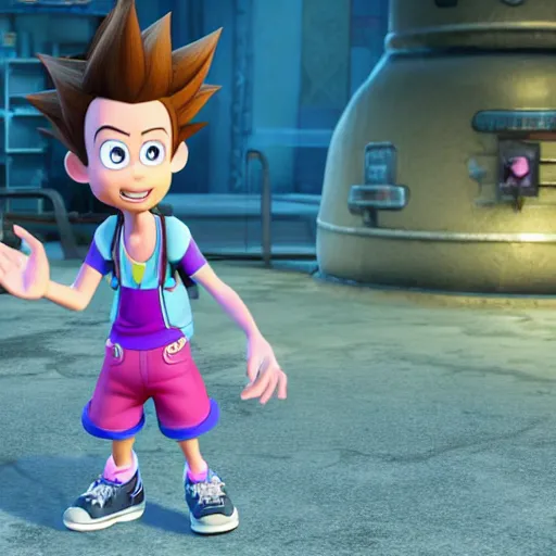 Prompt: Jimmy Neutron from Nickelodeon as an NPC character in the video game Kingdom Hearts, Jimmy neutron Boy Genius, Sora is in the camera, Crossover with Nick and Square Enix, UHD 4k, RTX On, Arnold Render, Unreal Engine 4, Award winning visuals, Godrays, beautiful detailed intricate insanely detailed octane render, Playstation 5 graphics