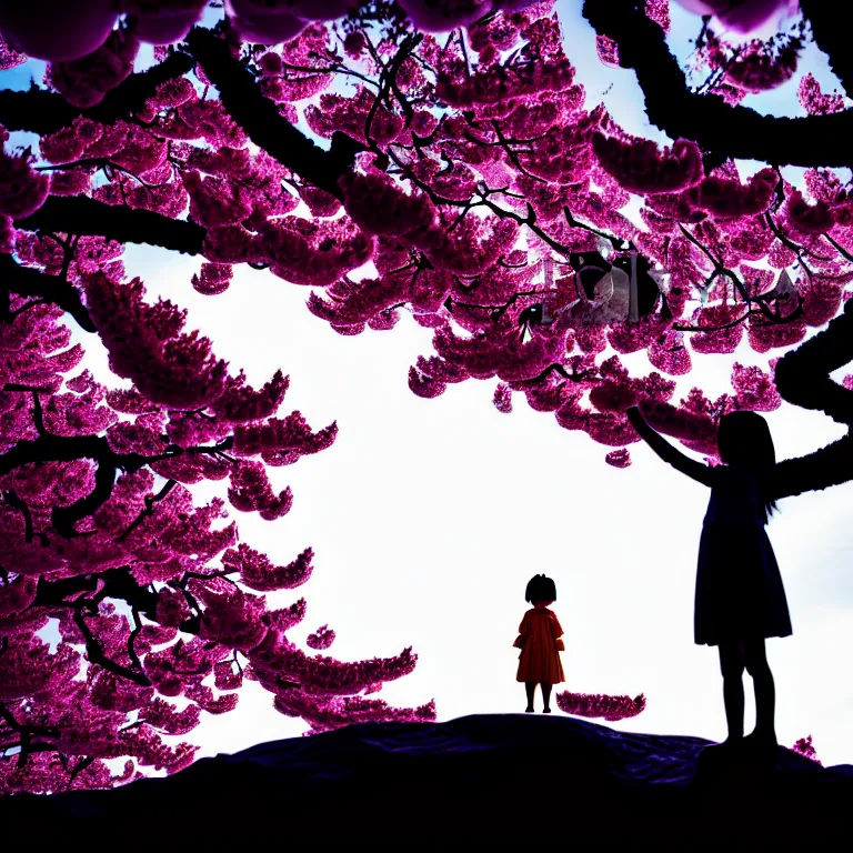 Prompt: a dramatic colorful fujifilm photograph of the silhouette of a young japanese girl standing on the surface of the moon. There are paper lanterns and a blossoming ornamental cherry tree.