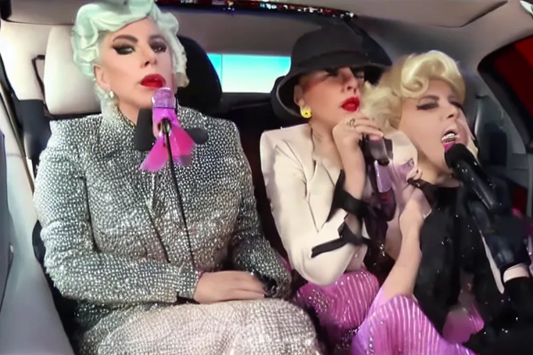 Image similar to lady gaga and judy garland doing carpool karaoke, lady gaga and judy garland, carpool karaoke, lady gaga, judy garland, carpool karaoke, youtube video screenshot, the late late show with james corden