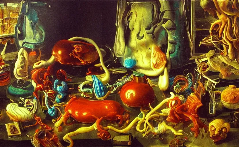 Prompt: new york city, disturbing colorful oil painting dutch golden age vanitas still life sparse composition with bizarre objects strange gooey transparent surfaces shiny metal reflections bizarre mutant meat insects rachel ruysch dali todd schorr very detailed perfect composition rule of thirds masterpiece canon 5 0 mm, cinematic lighting, photography, retro, film, kodachrome