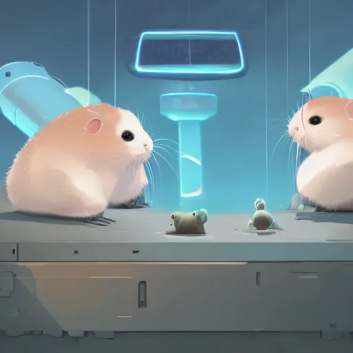 Image similar to baby harp seals being eaten by a robot hamsters on a techno cyborg alien world, atey ghailan, goro fujita, studio ghibli, scary lighting, clear focus, very coherent