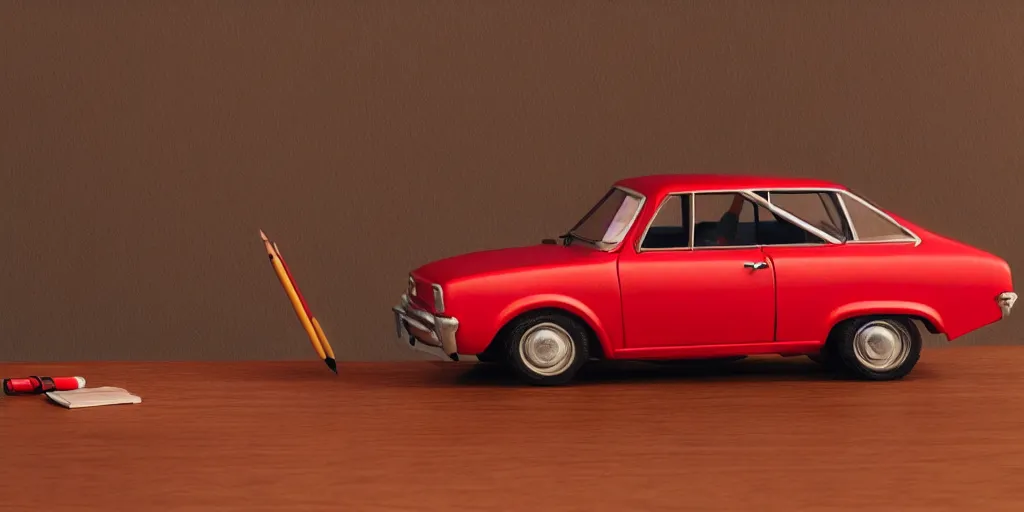 Image similar to a small miniature of a red Chevrolet Opala near a book and a pencil on a wooden table, hyperrealistic, concept art, octane render, unreal engine 5, path tracing, complementary colours, high quality, highly detailed, 4K, symmetrical, low contrast, serene landscape, calm, high coherence