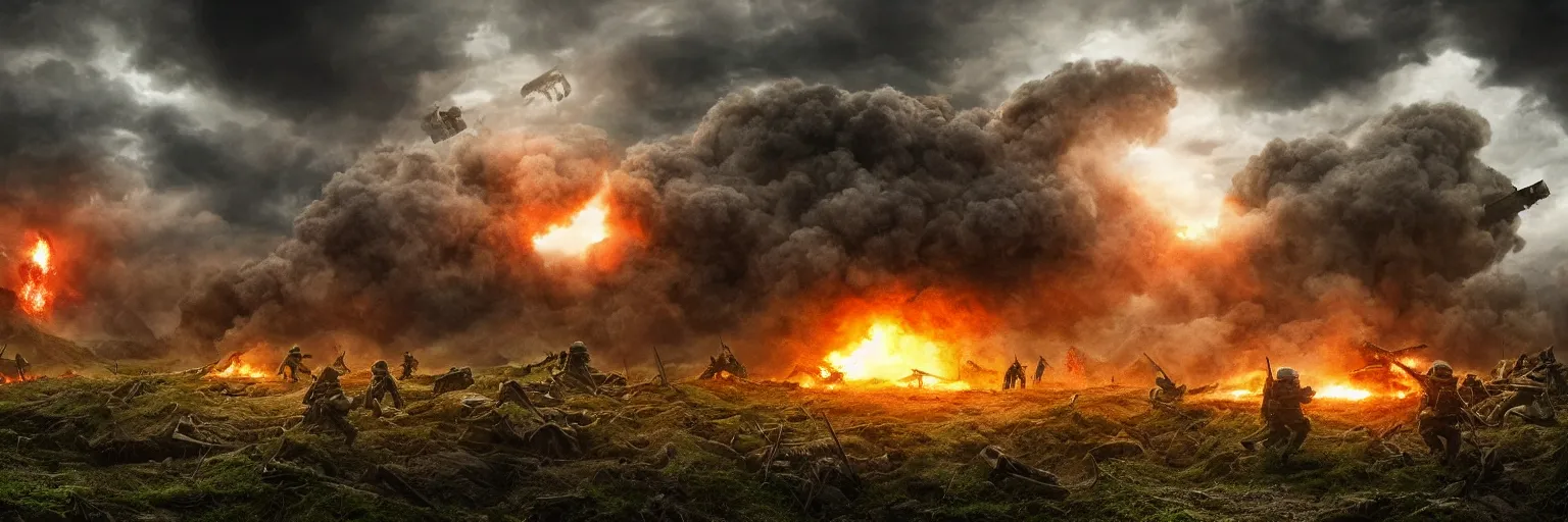 Image similar to natural looking fight landscape of ww 1 trenches, soldiers fighting with resistance aliens, green gas spreading across land, futuristic tank is on fire, ground explosion in the background, alien mothership in the sky, hyper realistic, highly detailed, dramatic lighting, raytarced, god rays, 4 k, 8 k, matte painting