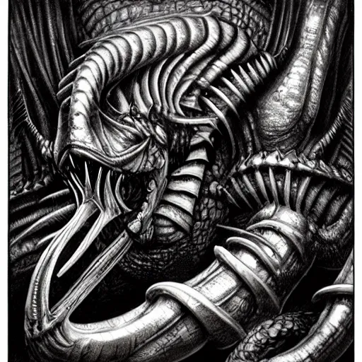 Image similar to black dragon, d & d, fantasy, hr giger,