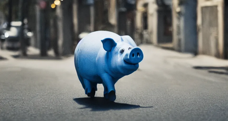 Image similar to a blue pig riding a bicycle, atmospheric lighting, 4 k, realistic