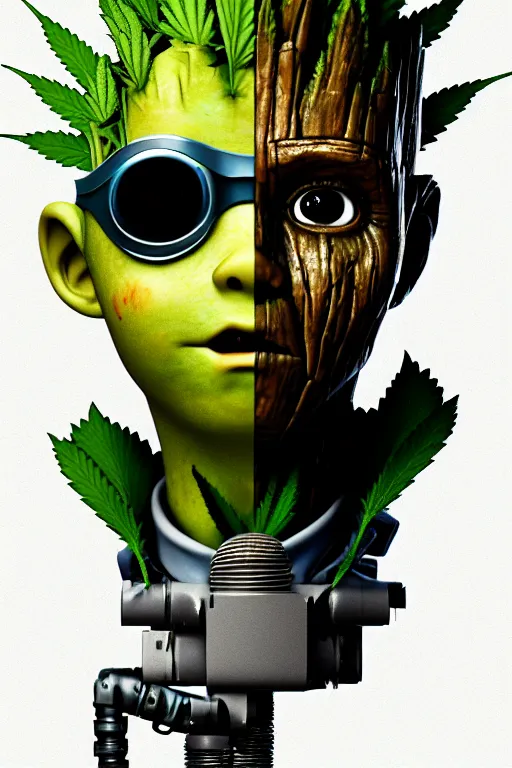 Prompt: duotone concept illustration 3 / 4 portrait of kid face consisting of marijuana, baby groot, cannabis!, high quality 3 d render very cute cyborg crow! incorporated speakers!, cyberpunk highly detailed, unreal engine cinematic smooth, in the style of blade runner & detective pikachu, hannah yata charlie immer, moody light, low angle, uhd 8 k, sharp focus