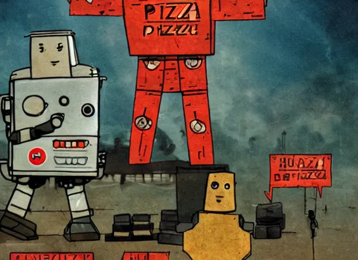 Image similar to dystopian art, a pizza slice robot dictator delivering a propaganda speech to human robots