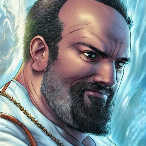 Image similar to chonky ethan van sciver with a bald head and grey trimmed beard with a pointy nose as a sea captain, beautiful artwork by artgerm and rutkowski, breathtaking, beautifully lit, dramatic, full view