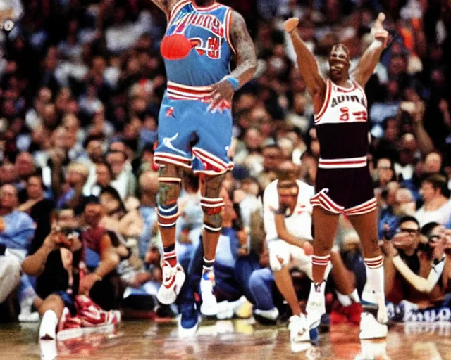 Prompt: dennis rodman t-posing in the air like jordan