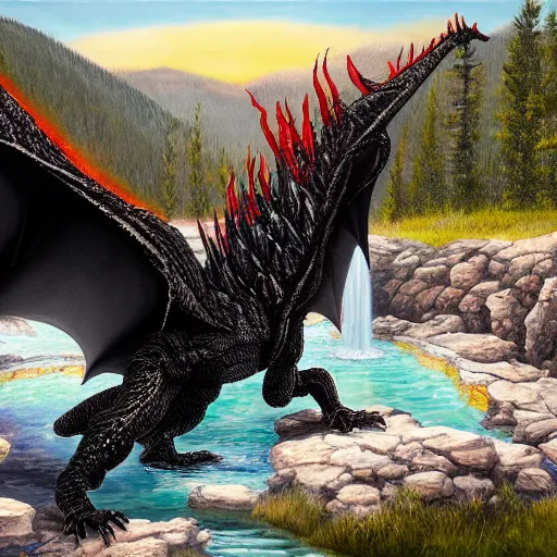 Prompt: highly detailed oil painting of a black dragon in a colorful hotspring at yellowstone national park, featured on artstation