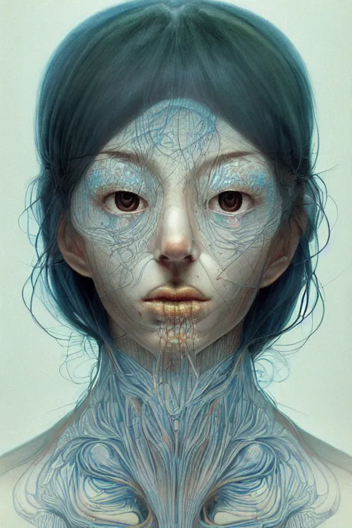 Image similar to prompt : figurative unique features beautiful subconscious, symmetrical face, portrait soft light painted by james jean and katsuhiro otomo and erik jones, inspired by akira anime, smooth face feature, intricate oil painting, high detail illustration, sharp high detail, manga and anime 1 9 9 9