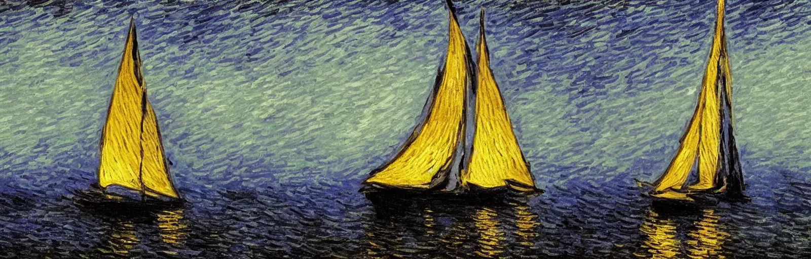 Image similar to An aesthetically pleasing, dynamic, energetic, lively, well-designed digital art of a sailboat on the ocean at night in a low mist, light and shadow, chiaroscuro, by Claude Monet and Vincent Van Gogh, superior quality, masterpiece, excellent use of negative space. 8K, superior detail.