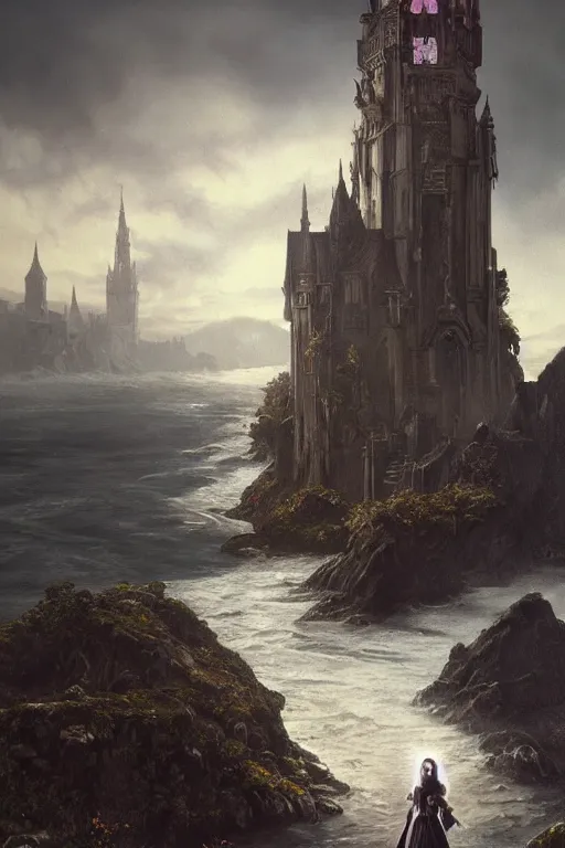 Prompt: a hyperdetailed matte painting of yennefer as a goth vampire princess floating in front of a tower, crackling lighting magic, overlooking cliffs and crashing waves in the background, highly detailed, deep focus, elegant, digital painting, sharp focus, ultra realistic, 8 k, art by greg rutkowski and rembrandt and alphonse mucha, ultrawide lens