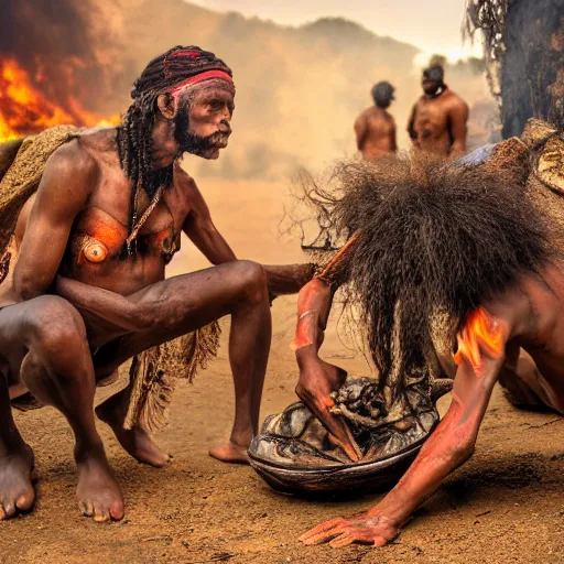 Prompt: Tribal man discover the creation of fire, highly detailed, ultra wide 8k photo,