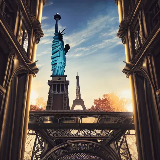 Prompt: Big city, The Statue of Liberty, Eiffel Tower, London Big Ben, photorealism, wide angle, concept art, cinematic atmosphere, elaborate, highly detailed, ornate, shiny, dramatic lighting, octane render, 4k, by Peter Kemp