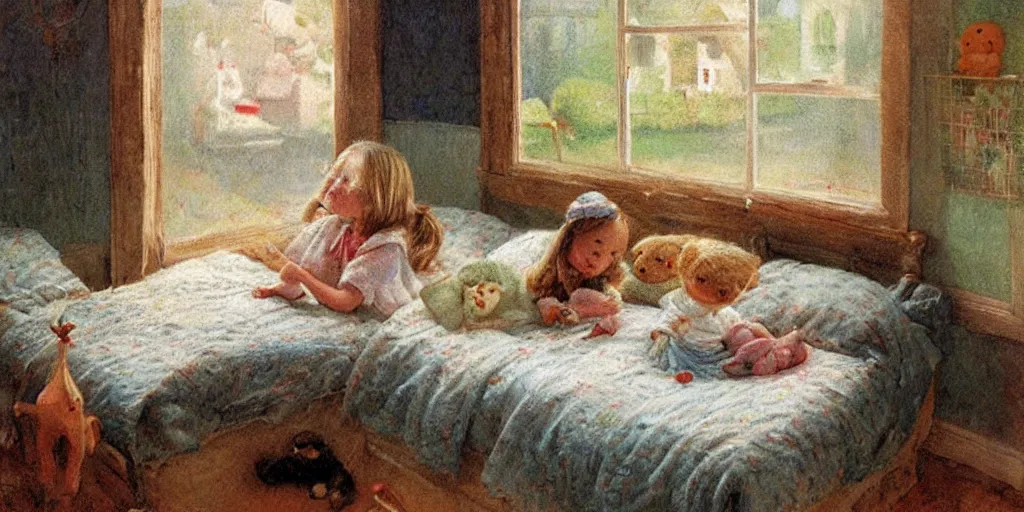 Prompt: a sleepy little cute girl in his bedroom by Bob Byerley