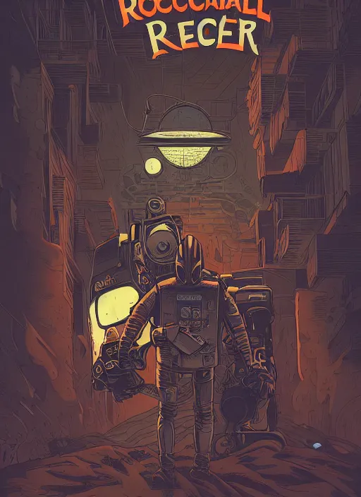 Image similar to a photorealistic dramatic hyperrealistic full frame render of a beautiful eerie comic style character rocketeer by joe fenton, dan mumford, color poster art design, beautiful dynamic dramatic dark moody lighting, shadows, cinematic atmosphere, octane render, 8 k