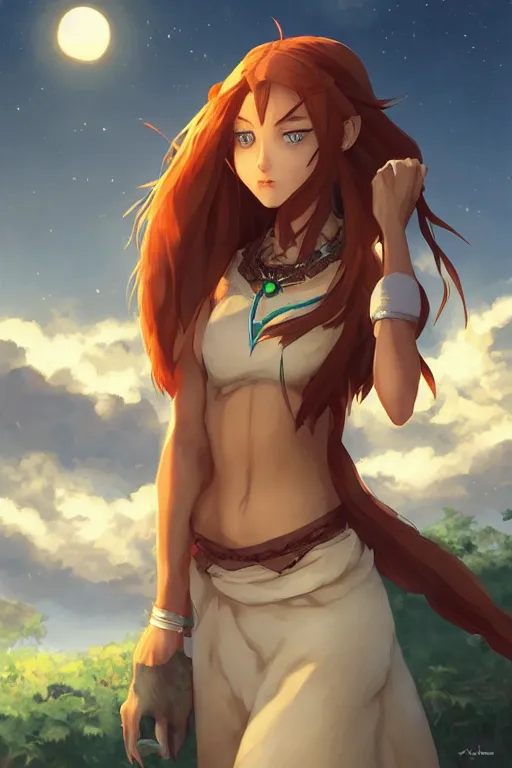 Image similar to long ginger hair, tanned woman in a prehistoric outfit, green eyes, fang necklace, by artgerm, hair tied in a ponytail, white backdrop, soft lighting, night scene, by greg rutkowski makoto shinkai takashi takeuchi