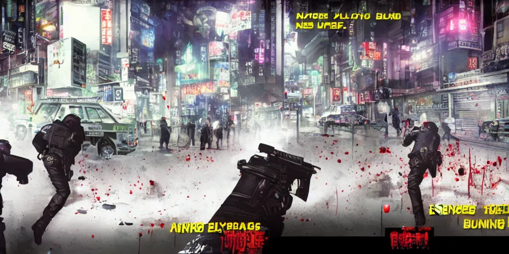 Image similar to 1991 Video Game Screenshot, Anime Neo-tokyo Cyborg bank robbers vs police, Set in Bank Vault Room, bags of money, Multiplayer set-piece, Police officers hit by bullets :9, Police Calling for back up, Bullet Holes and Blood Splatter, :3 ,Hostages, Smoke Grenades, Large Caliber Sniper Fire, Chaos, Cyberpunk, Money, Anime Bullet VFX, Machine Gun Fire, Violent Gun Action, Shootout :5 , Highly Detailed, 8k :4 by Katsuhiro Otomo + Studio Gainax : 8