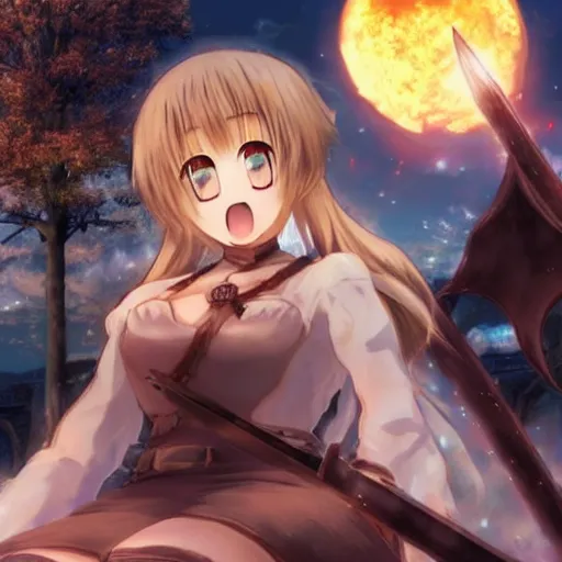 Prompt: A beautiful anime girl sitting by a Dark Souls bonfire holding a moonlight greatsword