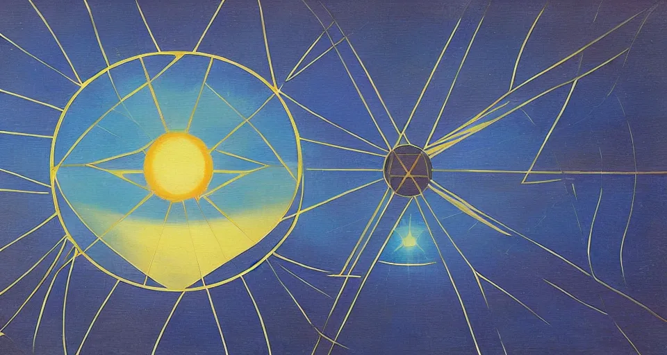 Prompt: hexagonal solar sail between the sun and earth, art deco painting