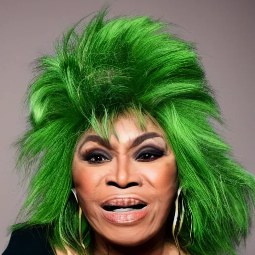 Image similar to tina turner portrait, green turnip hair, colored, dslr, photoshoot