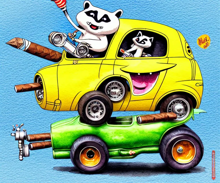 Prompt: cute and funny, cigar smoking racoon riding in a tiny hot rod with oversized engine, ratfink style by ed roth, centered award winning watercolor pen illustration, isometric illustration by chihiro iwasaki, edited by range murata, tiny details by artgerm, symmetrically isometrically centered