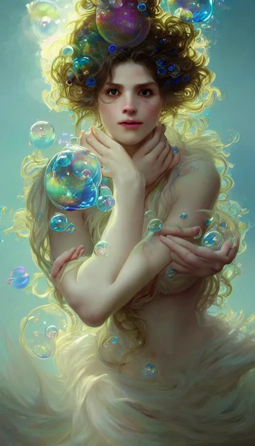 Image similar to portrait of a troll, dreamy and ethereal, (colour) eyes, peaceful expression, ornate frilly dress, fantasy, intricate, elegant, rainbow bubbles, highly detailed, digital painting, artstation, concept art, smooth, sharp focus, illustration, art by artgerm and greg rutkowski and alphonse mucha