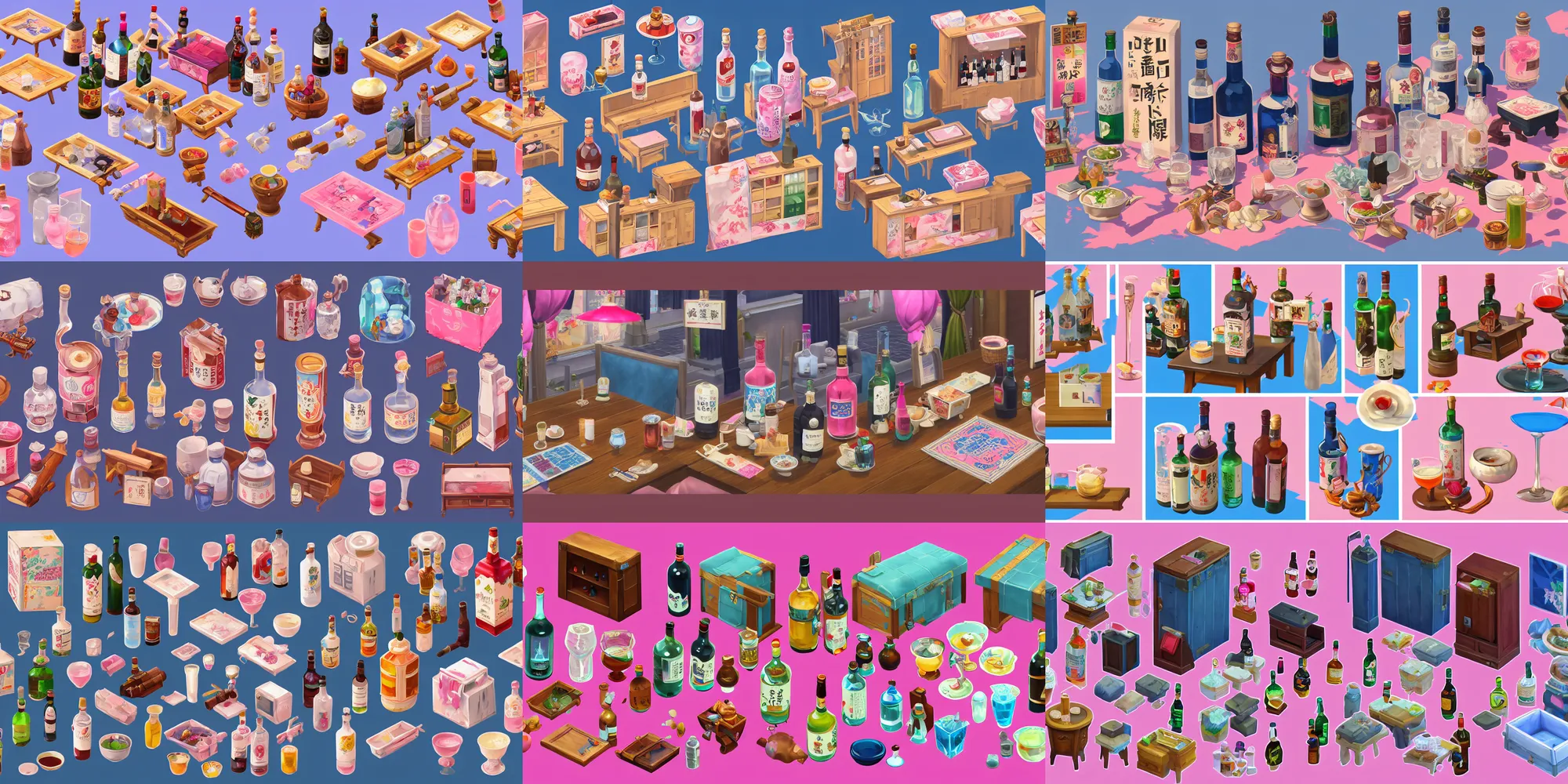 Prompt: game asset of the sims japanese liquor and drinking package, furniture and decor, in gouache detailed paintings, props, stylized, 2 d sprites, kitbash, arcane, overwatch, blue and pink color scheme, 8 k, close up