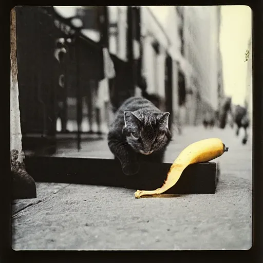 Prompt: wide-shot low-angle cat's eyesight photo of stray cat and a banana peel at the street in New York, polaroid photo, by Andy Warhol, signed