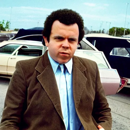 Image similar to a deteriorating color photo from 1 9 7 2 of a persistent used car salesman that looks like a cross between bill burr and fred savage with his hand on a junker car