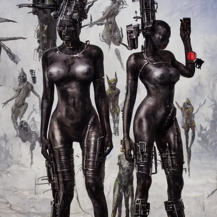 Image similar to african domme mistress, full body, tribal cyberpunk, rubber and latex, postapocalyptic, smooth white surroundings, smooth, high tech, concept art, realistic painting, digital art by greg rutkowski, by alex grey