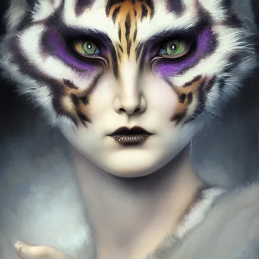 Prompt: tom bagshaw, soft painting fractal curiosities carnival fur, very beautiful female tigress mutation in full nightshade gothic armor, accurate features, focus, very intricate ultrafine details, black white purple volumetric clouds, award winning masterpiece, octane render 8 k hd