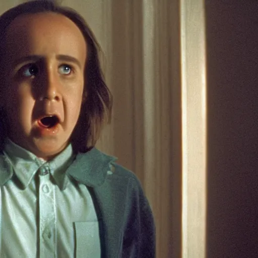 Image similar to film still of the shining with nicolas cage as danny torrance