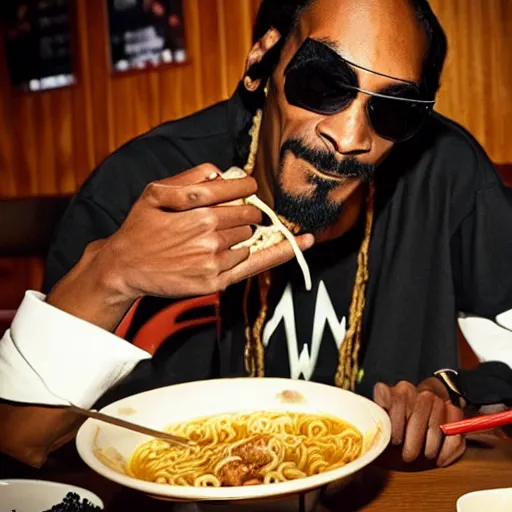 Prompt: Snoop Dog eating ramen in a restaurant