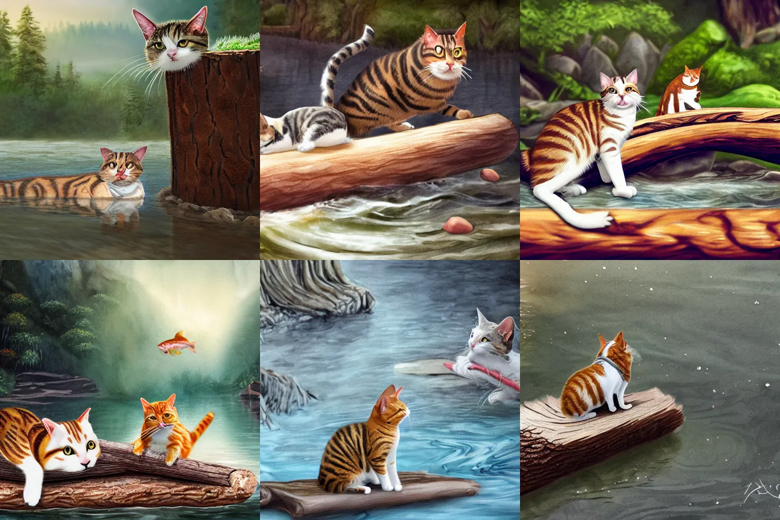 Prompt: a scared tabby and white cat is clinging to a log floating down a river, fish leap over log strong imagery, highly detailed, illustration, highly detailed water colour 8 k, cinematic lighting, hd, high detail, atmospheric, trending on artstation