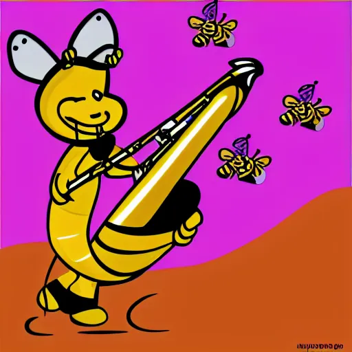 Prompt: saxophone with bees flying out of it and honey cartoon