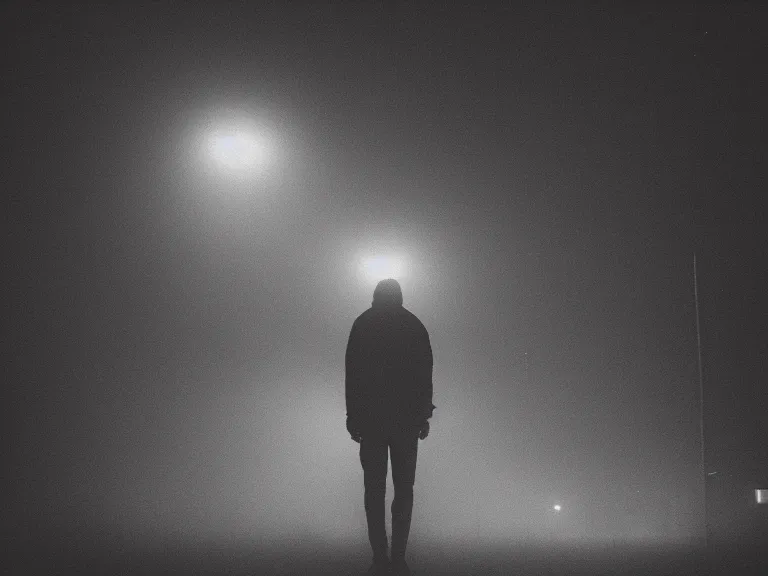 Image similar to film photograph of vagrant at night volumetric fog