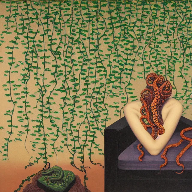 Image similar to a pathology student in her apartment, wrapped in vines, large stones, octopus, black walls, ikebana, black armchair, puddles, moss, acrylic on canvas, surrealist, by magritte and monet