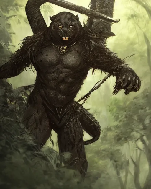 Image similar to Panther warrior in armor sneaking in jungle, portrait, dark fur, glowing eyes, magic the gathering artwork, D&D, fantasy, cinematic lighting, centered, symmetrical, highly detailed, digital painting, artstation, concept art, smooth, sharp focus, illustration, volumetric lighting, epic Composition, 8k, art by Akihiko Yoshida and Greg Rutkowski and Craig Mullins, oil painting, cgsociety