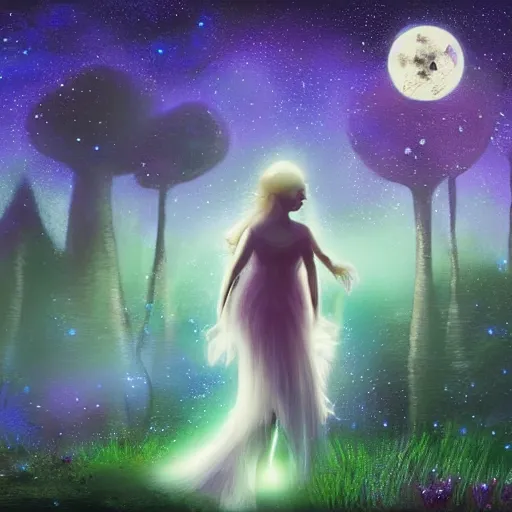 Image similar to attractive, fairy, in the night, fantasy, crescent moon in background, luminous, toadstools, fireflies, fantasy, highly detailed painting, mid shot, 8 k realistic, fantasy, mist, sharp focus