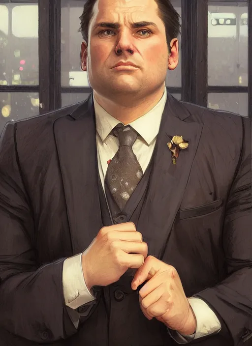 Prompt: portrait of a clean - shaven chubby chubby chubby white man in a suit and tie, office setting, d & d, detailed, digital art, artstation, smooth, sharp focus, art by artgerm, greg rutkowski, alphonse mucha
