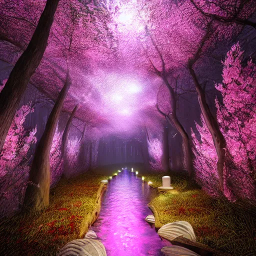 Image similar to photorealistic beautiful cherry blossom forest with paper lanterns illuminating the stone pathway. hyperdetailed photorealism, 1 0 8 megapixels, river, amazing depth, glowing rich colors, powerful imagery, psychedelic overtones, 3 d finalrender, 3 d shading, cinematic lighting, artstation concept art